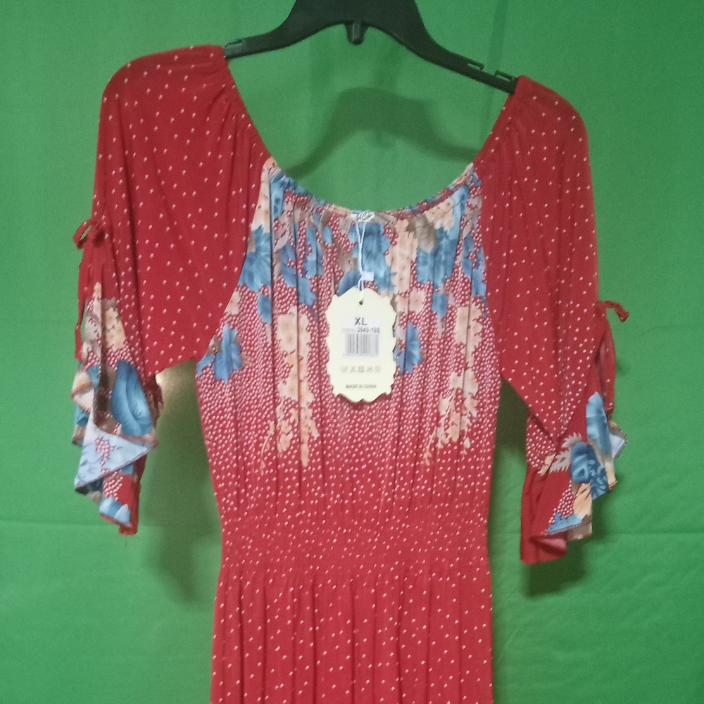 NWT Red Floral Maxi Dress. Flutter Sleeves Elastic Waist Women's XL
